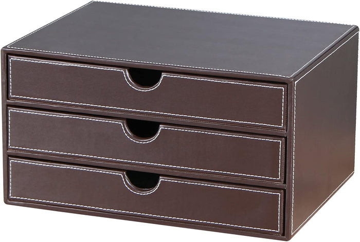 Stackable 3-Drawer Desk Organizer, Executive Office Supplies Desktop Filing A4 File Cabinet/Holder, Leather Storage Box for Document/Paper/Home Decor Accessories (brown)…