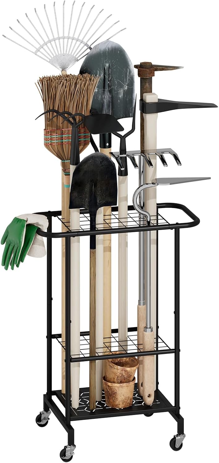 3-Tier Garden Tool Organizer with Wheels, Garage Floor Rolling Storage Cart o...