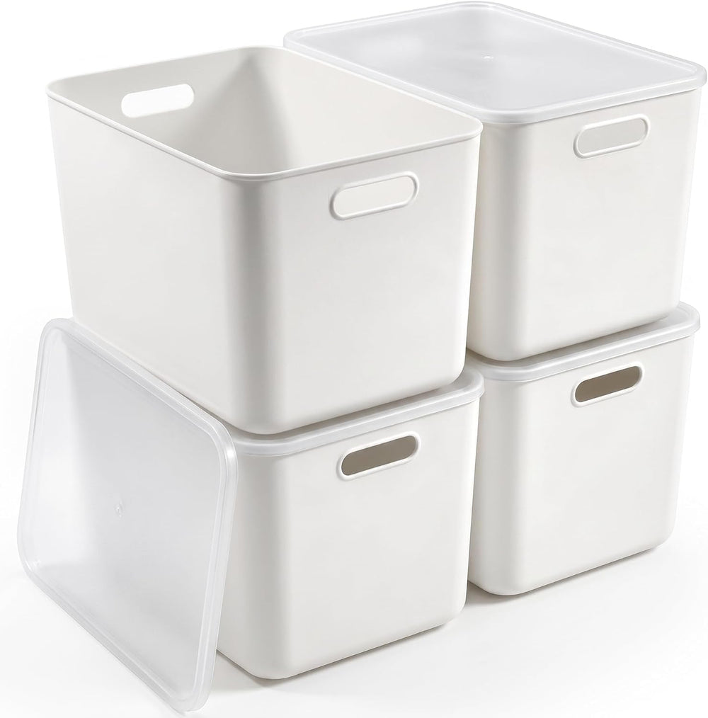 Citylife 24QT Plastic Storage Bins with Lids White Box with Handles, 4-Pack