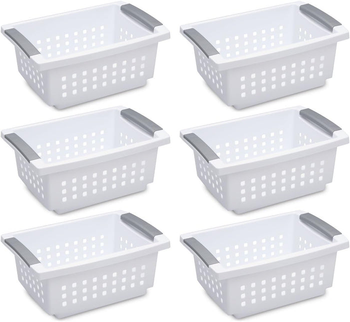 Sterilite 16608006 Small Stacking Basket, White Basket w/ Titanium Accents, 6-Pack
