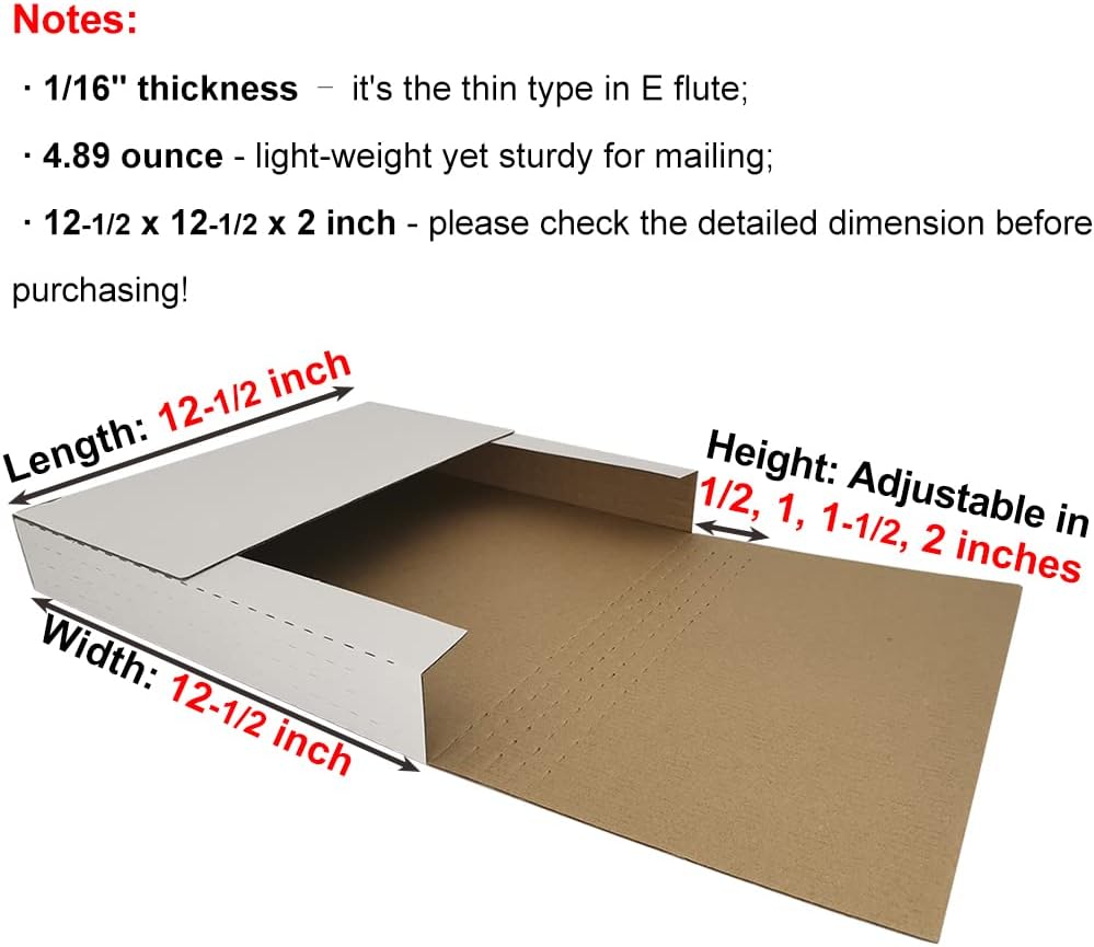 50 Pack Vinyl Record Mailer, 12.5x12.5x2" Deep Adjustable for 1-6 LPs