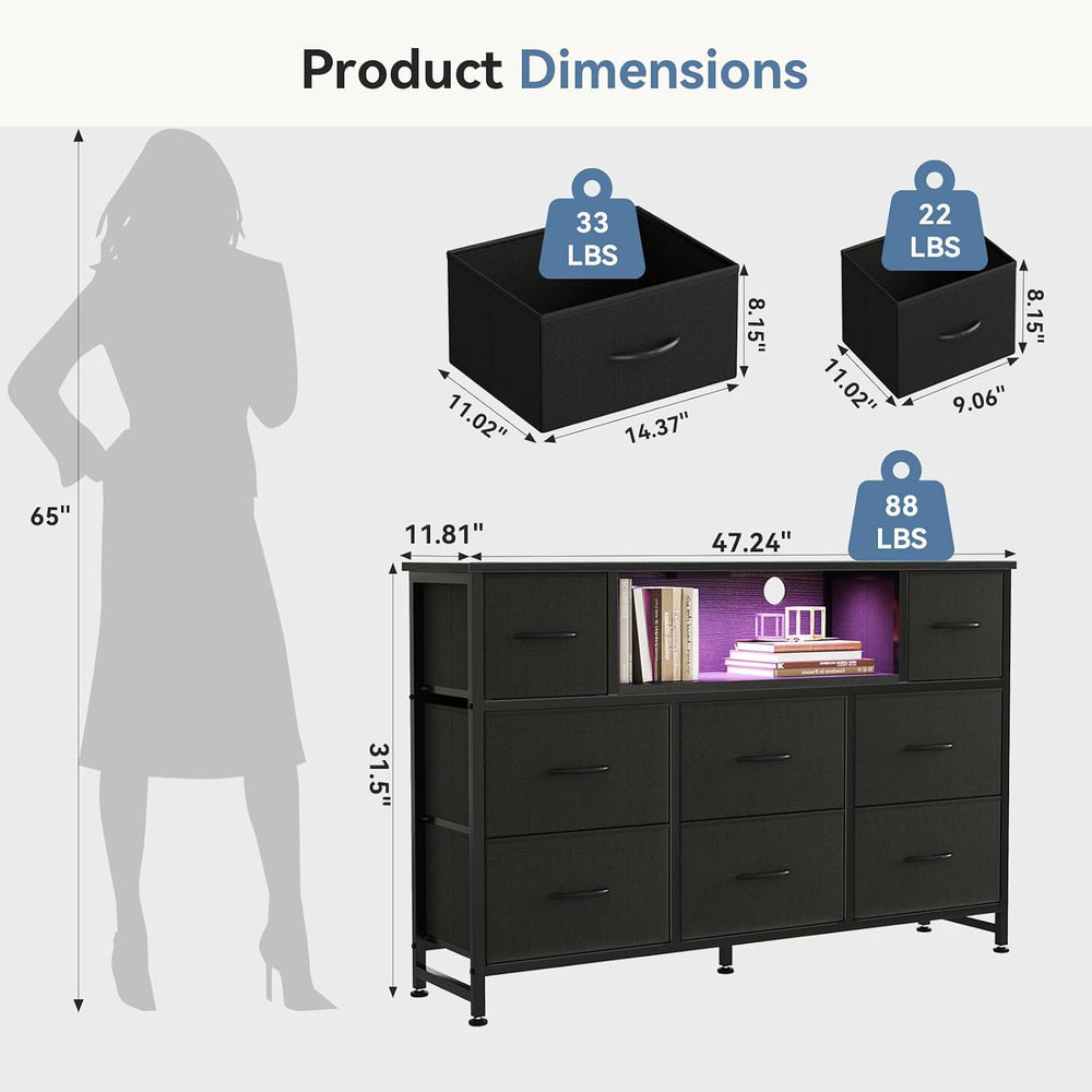 DUMOS LED TV Stand Entertainment Center, Dresser with 8 Fabric Drawers