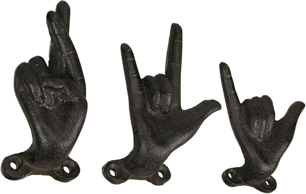 Zeckos Set of 3 Hand Gesture Wall Hooks, Brown Distressed Cast Iron, 4 Inch