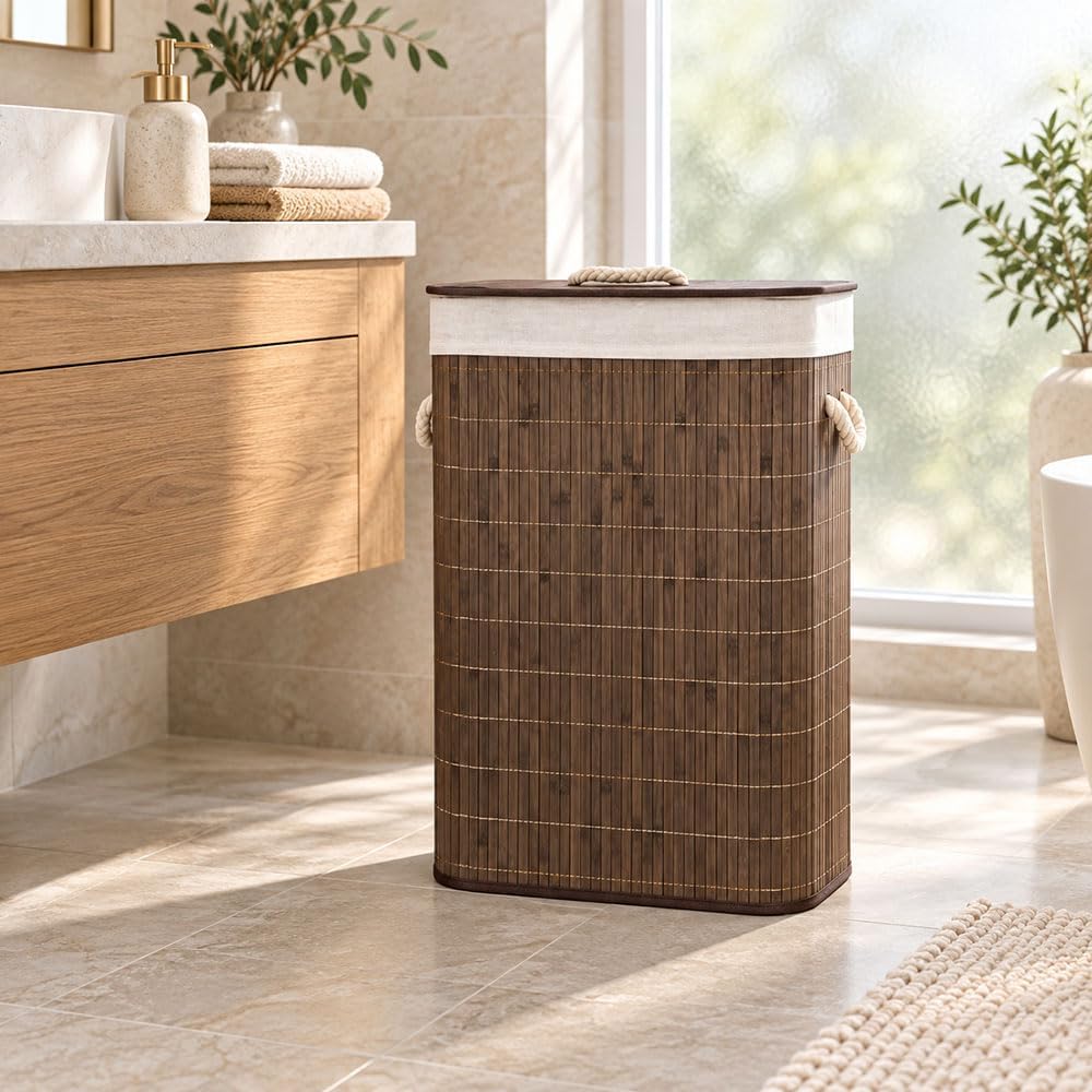 Home Basics Durable Foldable Bamboo Laundry Basket Hamper | Rectangular | Rem...