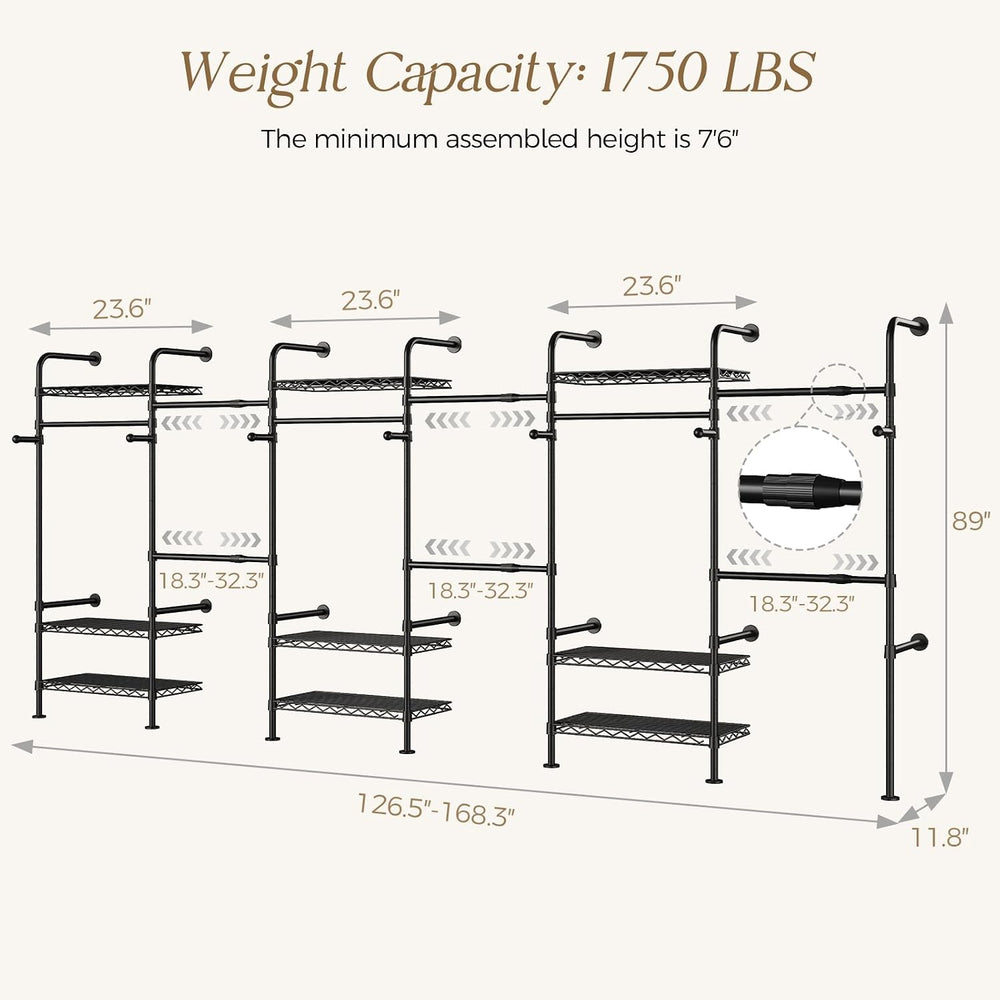 Wall Mounted Closet System, Heavy Duty 6-Row Clothes Rack, Expandable Industr...