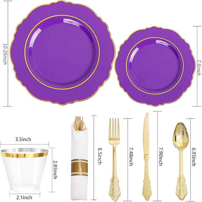 Liacere 350PCS Purple Plastic Plates-Disposable Purple and Gold Plates 50 gue...