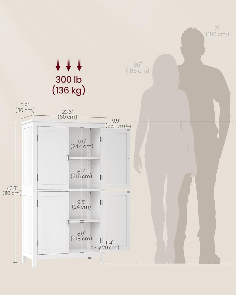 VASAGLE Bathroom Floor Storage Cabinet with 4 Doors, Cloud White