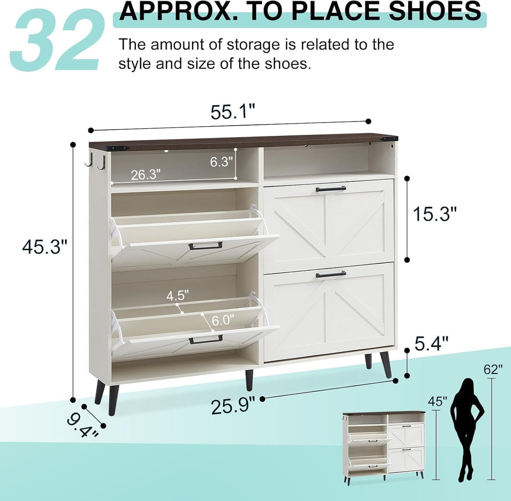 Barnyatoh Shoe Storage Cabinet,Farmhouse Shoe Organizer with 4 Flip Drawers &...