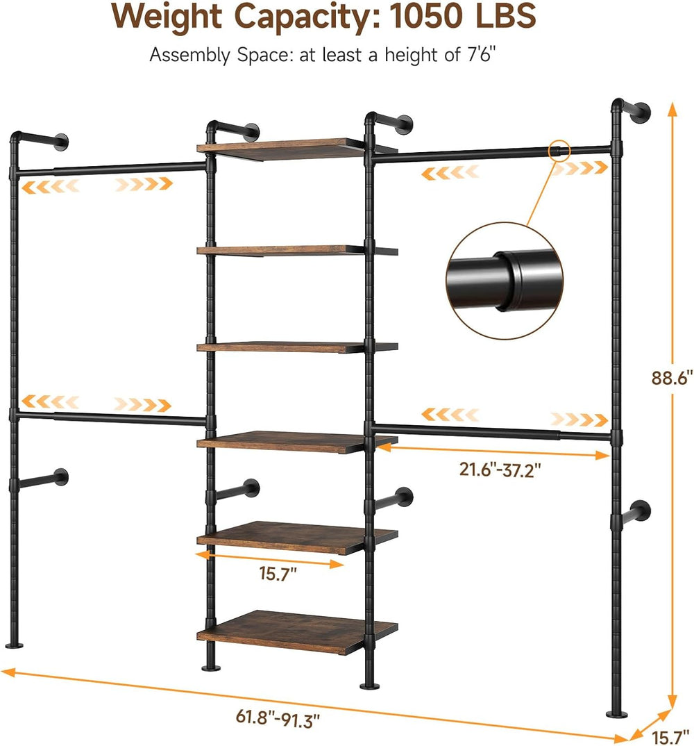 ONBRILL T1 Wall Mounted Closet System with 6 Wood Shelves & 4 Hanging Rods