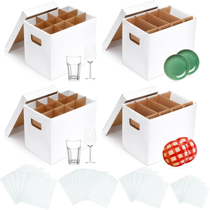 MotiMind 4 Sets Kitchen Moving Boxes with Divider Kits for Dish Glassware Wine Glass Packing Box with Handle Included 15 x 12 x 10 Inch 2 Cup and Plate case, 20 Corrugate Dividers, 36 Foam Pouches