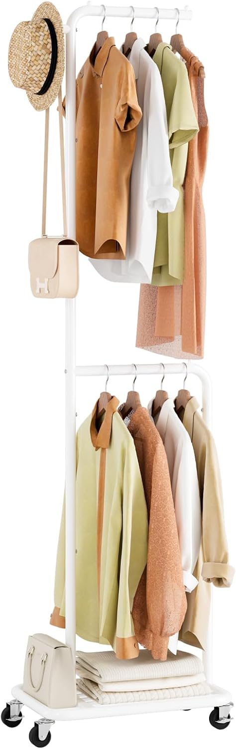 Small Rolling Clothing Rack with Shelf, Narrow Clothes Rack with Wheels
