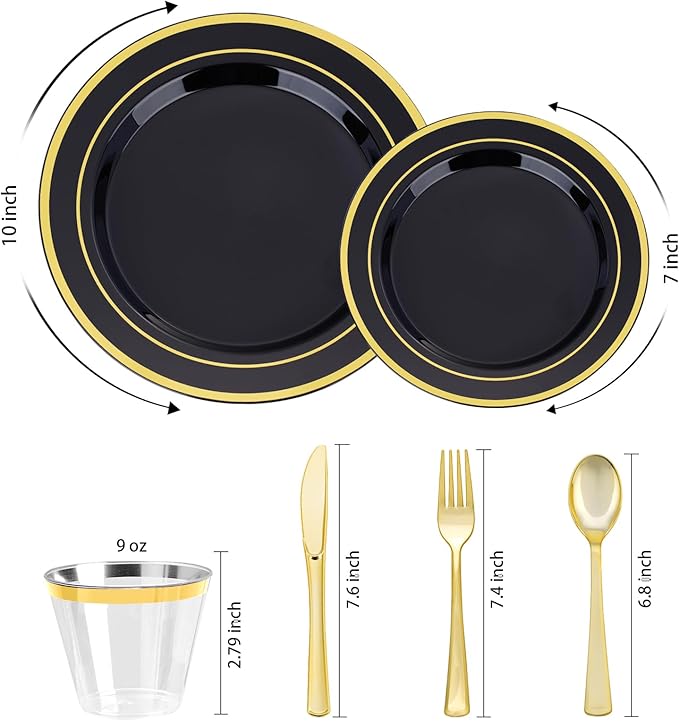 BESTVIP 600PCS Black Gold Dinnerware Set for 100 Guests, Plastic Plates for H...