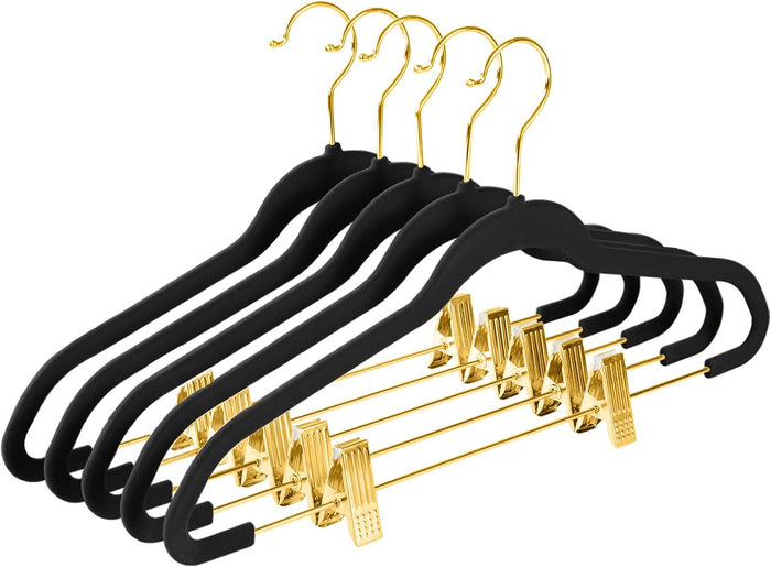 MIZGI Premium Velvet Pants Hangers with Adjustable Clips (Pack of 30) Slim Skirt Hangers- Non Slip Felt Outfit Dress Hangers Black - Gold Hooks,Space Saving Shirt Clothes Hangers