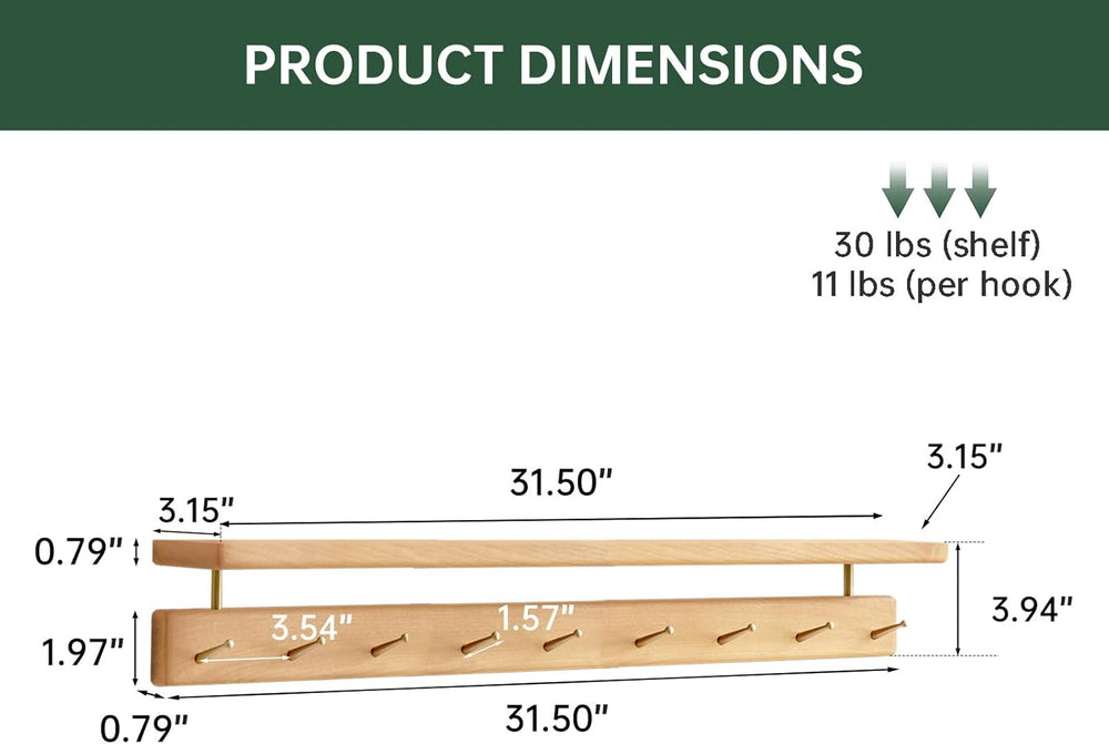 Solid Wood Wall Hooks with Shelf, Coat Rack Wall Mount, Entryway Hanging Shel...