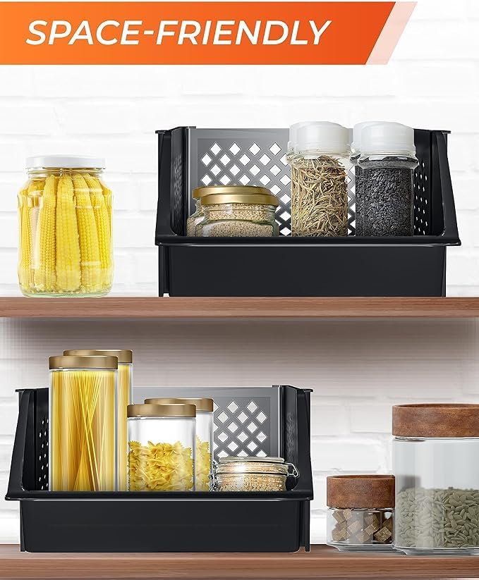 Large Stackable Storage Bins Open Front for Pantry Storage, 6 Pack - Black