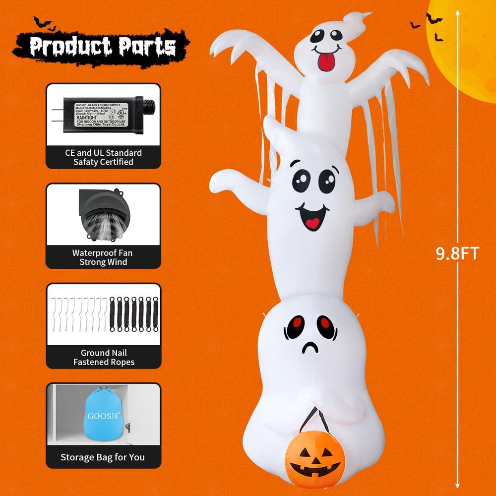 GOOSH 9.8 FT High Halloween Inflatable Overlap Ghost Outdoor Decorations Blow...
