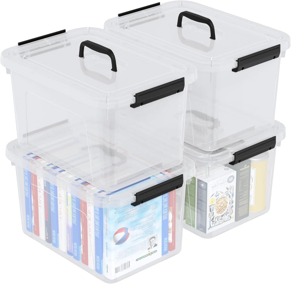 Plastic Storage Boxes with Lids, 4-Pack 18L Clear Latching Bins