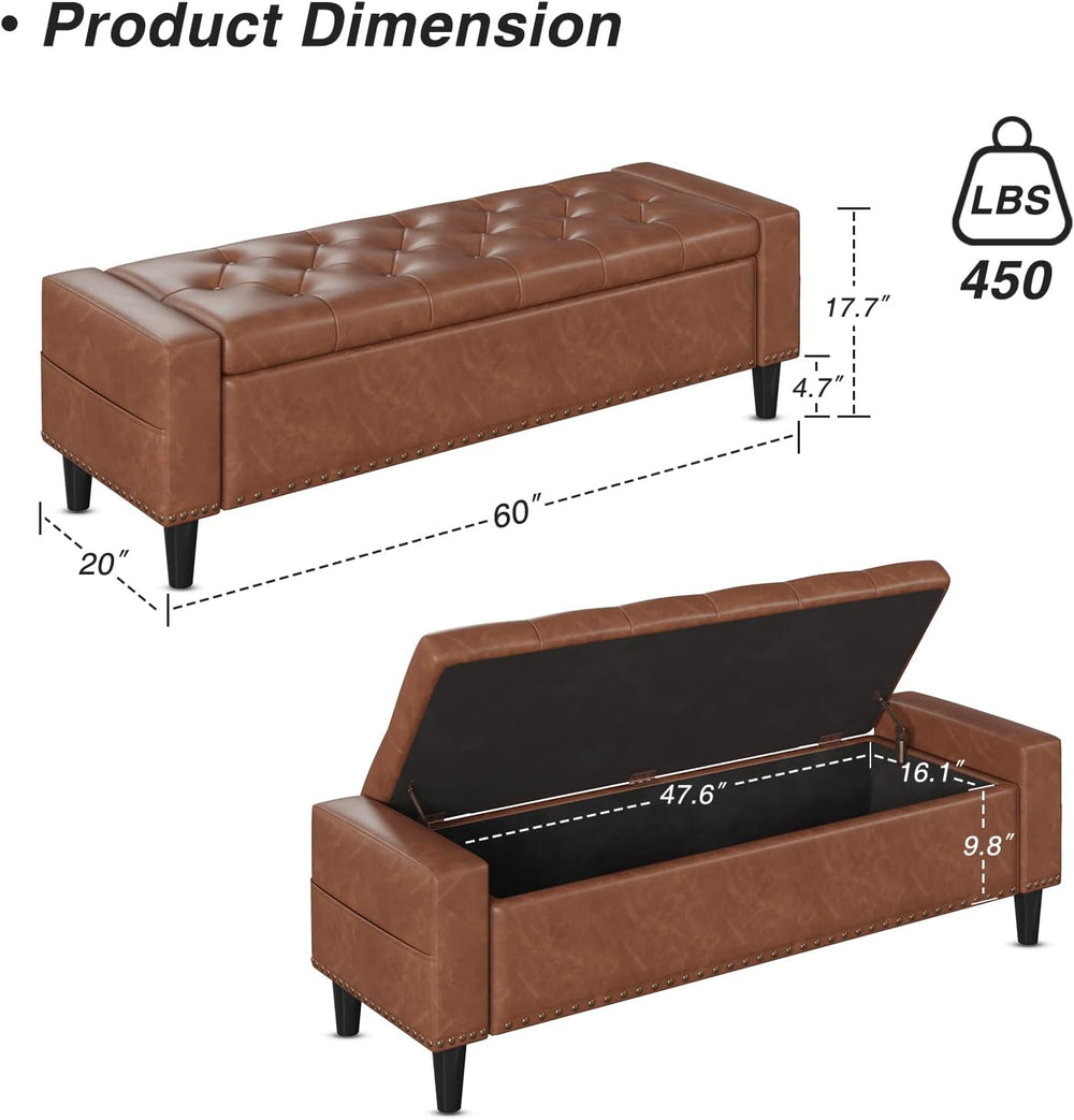 60" Storage Ottoman Bench, Faux Leather Upholstered Bed Bench, Brown