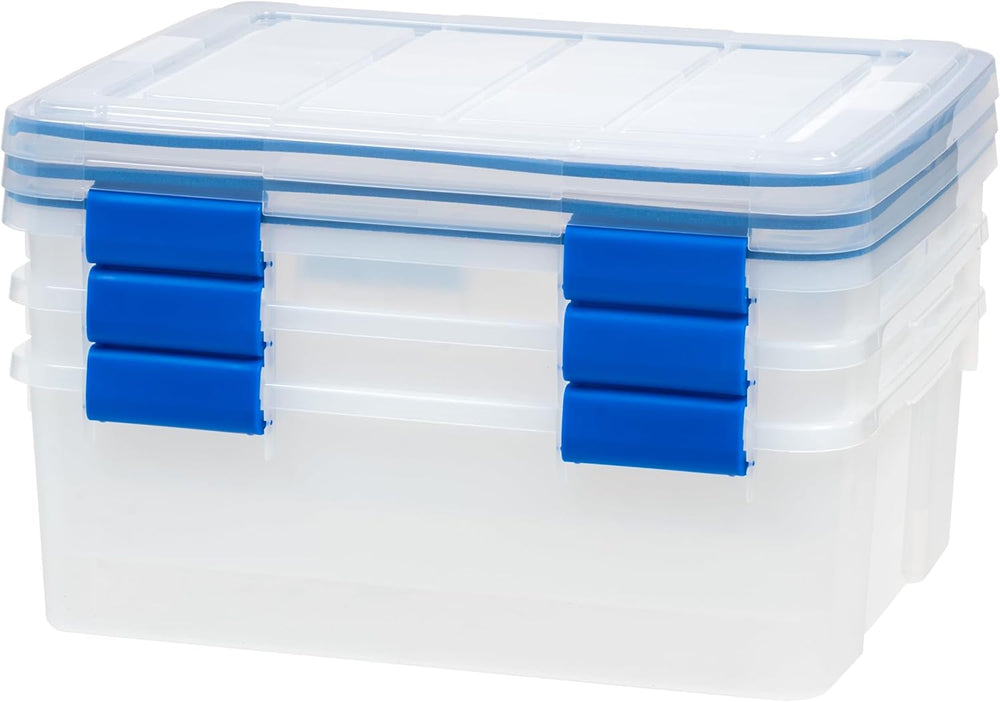 IRIS USA 3-Pack 26.5 Qt Storage Bins with Gasket Lids, Clear/Blue