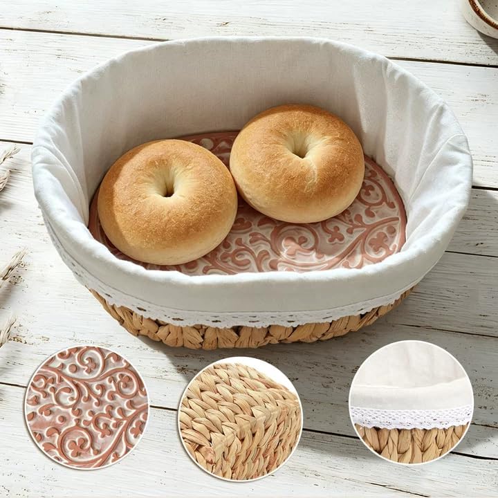 Bread Warmer Basket with Stone - Large Bread Baskets for Serving/House Warmin...
