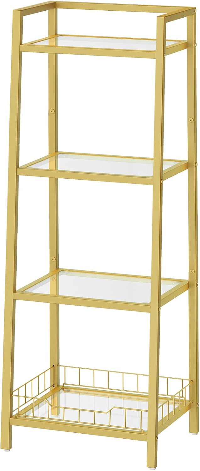HOOBRO Gold Glass Shelf Stand, 4 Tier Standing Shelf Unit, Bathroom Organizer...