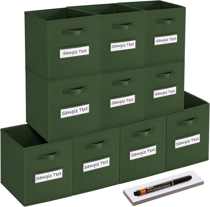 11x11 storage cube bins (Set of 10) Foldable Fabric storage cubes with 10 Labels Window Cards & a Pen,11 inch cube storage bin,Closet Organizers for Shelves,Cubby Organizer Boxes,Dark Green