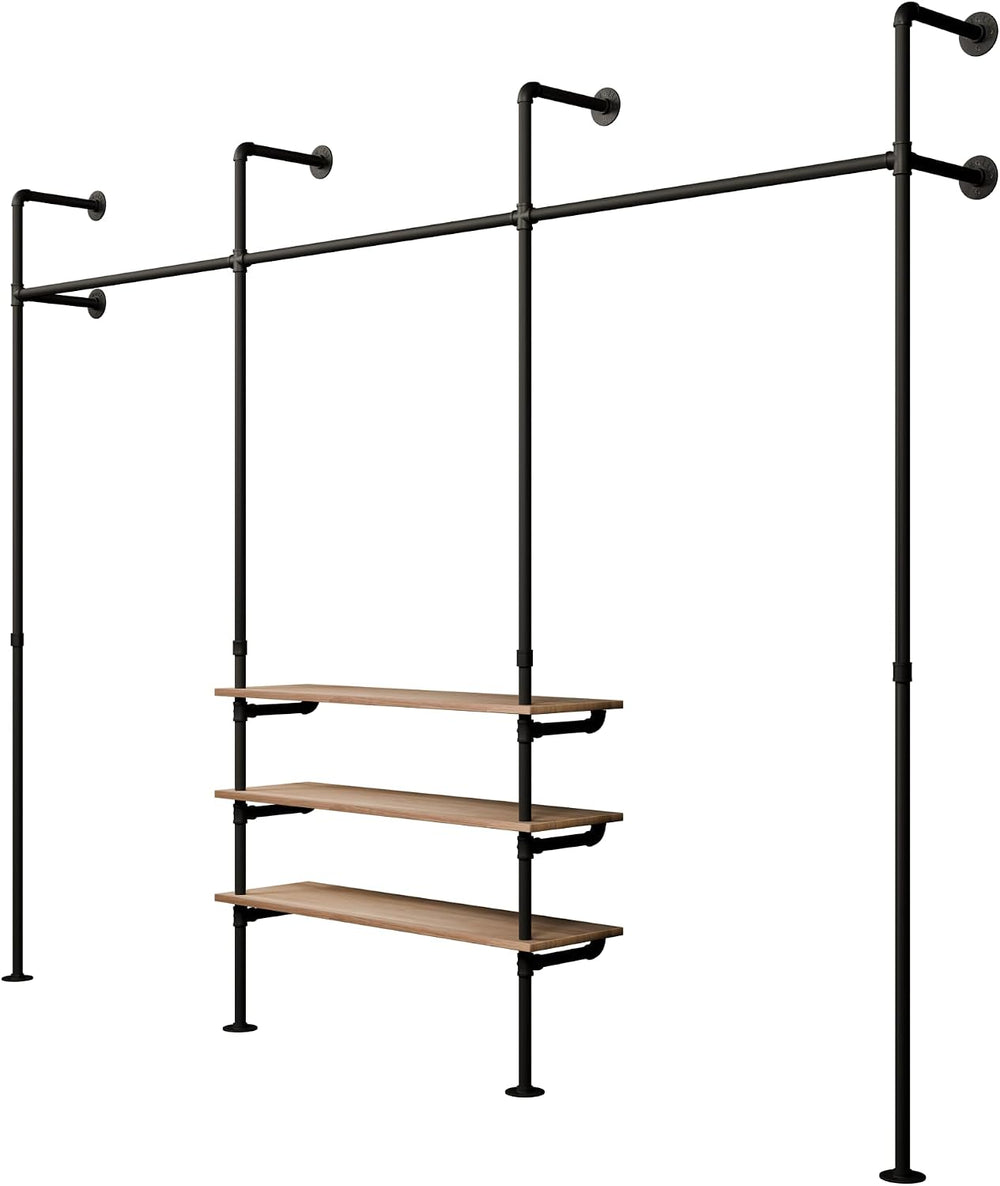 pamo Wall Mounted Clothing Rack with Oak Sheves – 117" W × 87" H, 1...