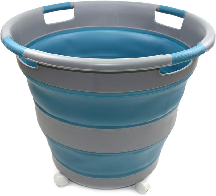 SAMMART 66L Collapsible Laundry Basket with wheels - Foldable Pop Up Storage Container/Organizer with wheels - Portable Washing Tub - Space Saving Hamper/Basket with wheels (1, Grey/Blue)