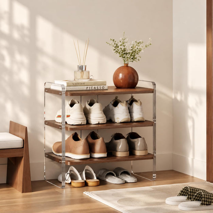 3-Tier Shoe Rack, Wood Acrylic Shoe Shelf, Walnut, 19.5" W