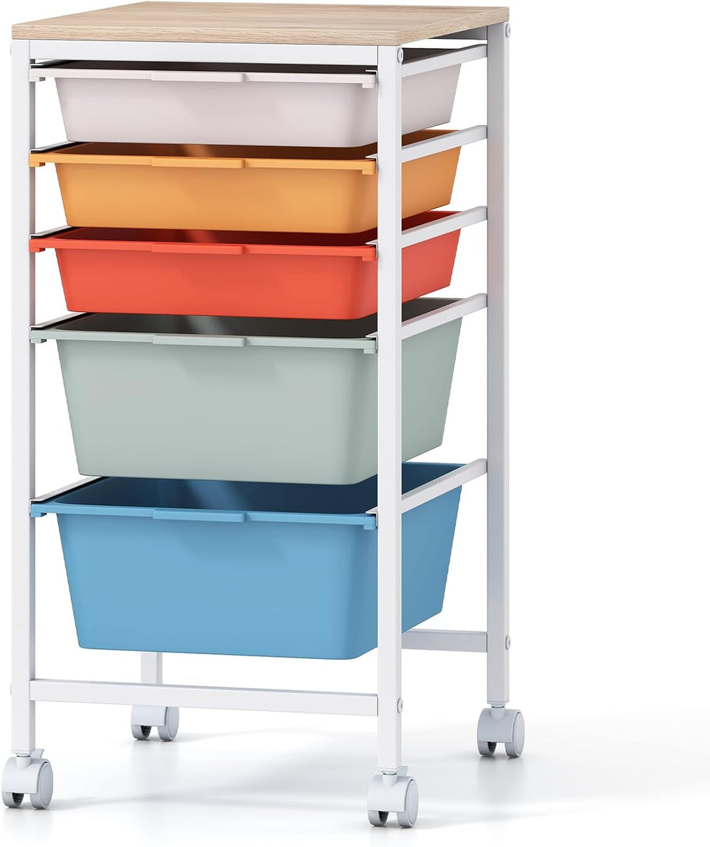 Giantex Rolling Storage Cart with 5 Drawers, Utility Cart w/Wooden Tabletop, ...