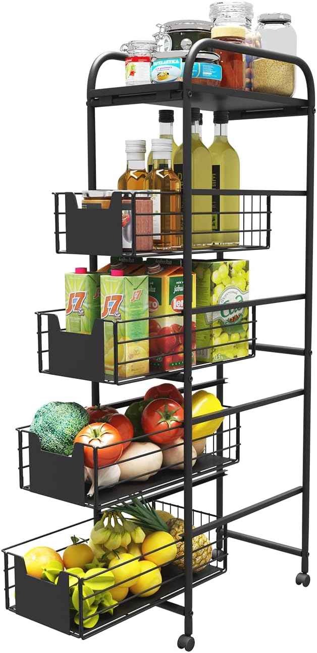 WHIFEA 5 Tier Slim Rolling Cart with Pull-Out Drawers, Multi-Layer Narrow Sto...