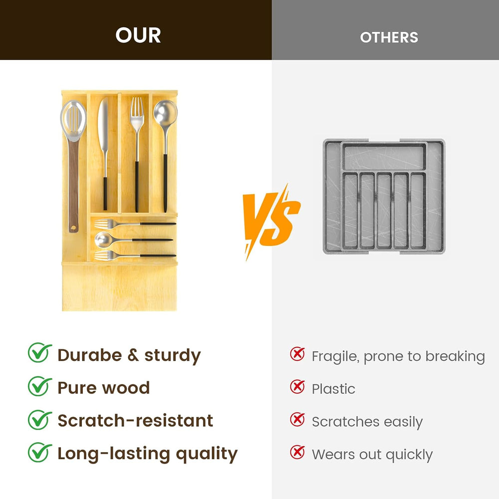 Silverware Drawer Organizer Wood with Adjustable Partition Utensil Cutlery Fl...
