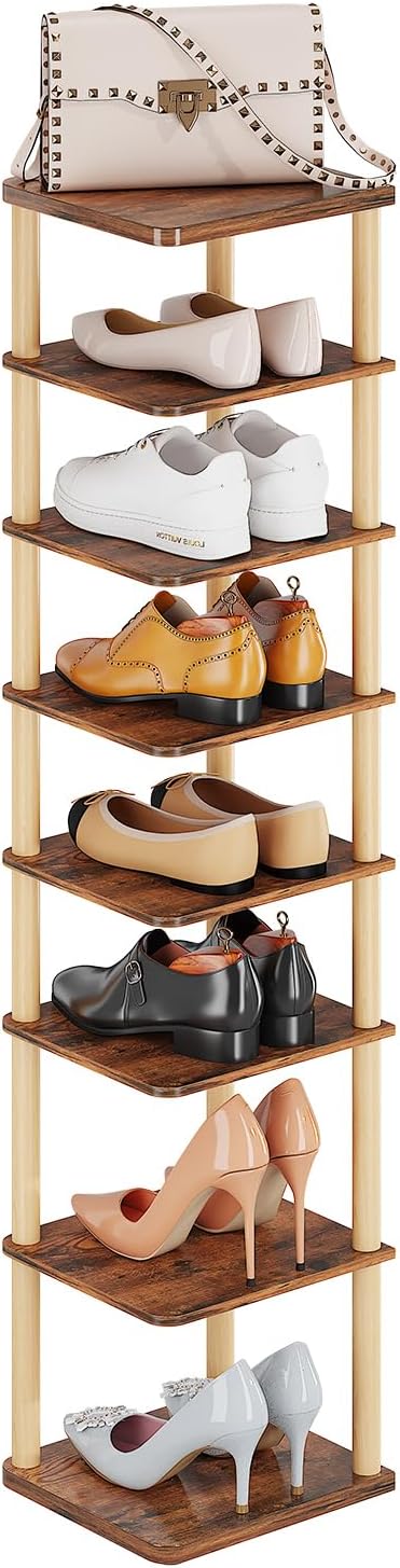 8 Tiers Vertical Shoe Rack, Tall Narrow Shoe Tower, Corner Shoe Rack, Brown
