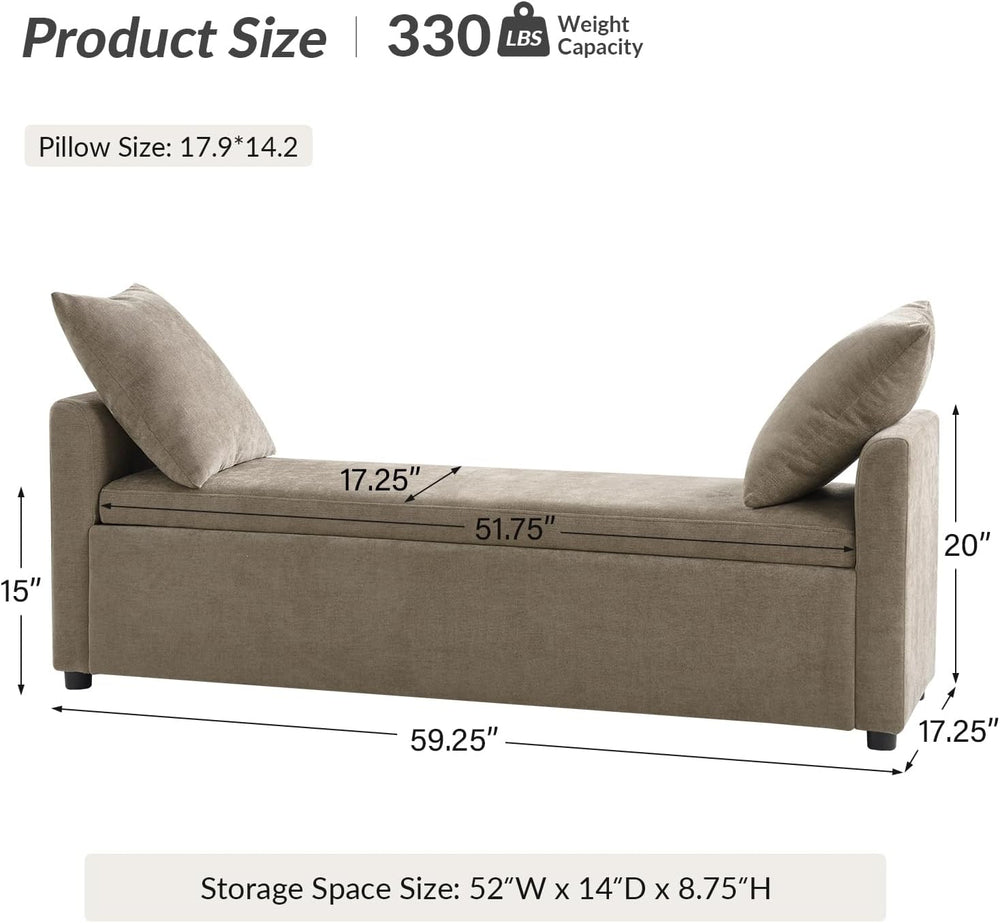 HULALA HOME 59" Storage Bench with 2 Throw Pillows & Armrests, Brown