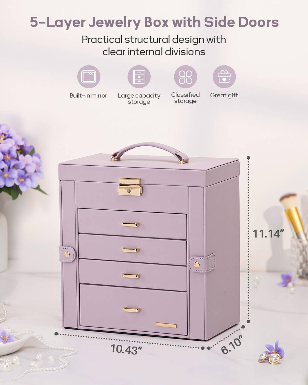 Homde Large Jewelry Box for Women: 5-Layer Organizer with Lock for Dresser