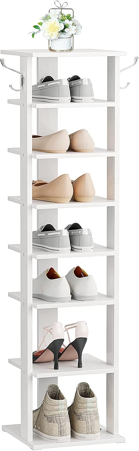 HOOBRO 8 Tiers Vertical Shoe Rack, Wooden Shoe Storage Organizer with Hooks, ...