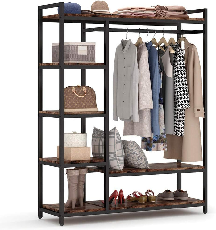 LITTLE TREE Free Standing Wood Closet Clothes Rack,Heavy Duty Grament Rack with Shelves,Hanging Racks for Clothes Clothing Rack for Bedrom,Wardrobe Closet Organizer,350 lb Capacity,Rustic