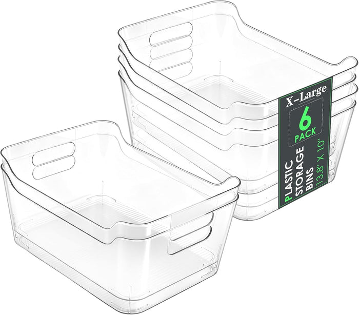 6 Set Storage Bins, Clear Plastic Organizers, with Handles