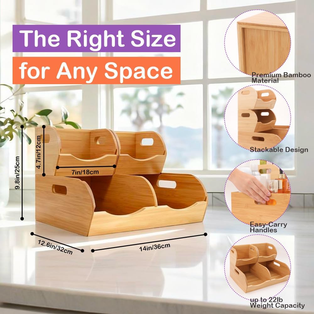 Stackable Bamboo Pantry Organizer - 3-Piece Storage Basket Set for Potato, On...