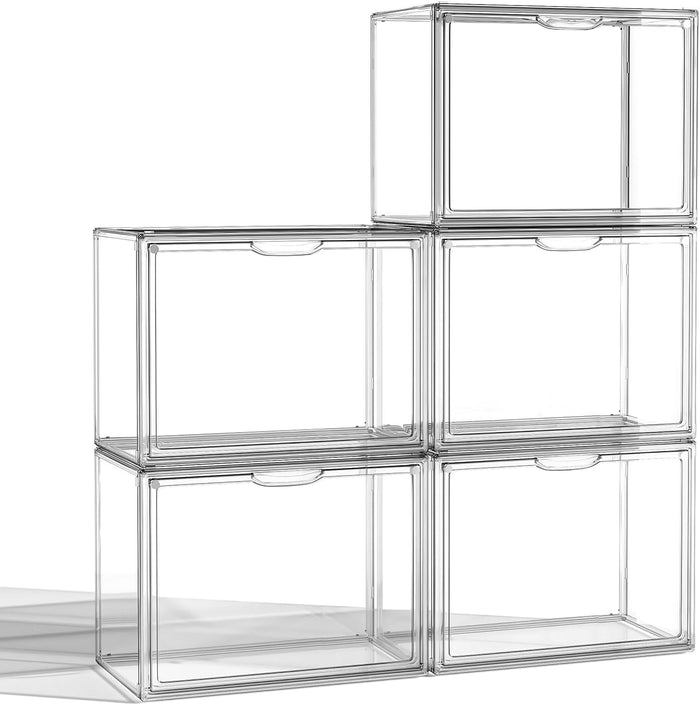 HOYOJA Clear Acrylic Display Case, Large Stackable Storage Bins Magnetic Attraction Lids, 5 Pack Acrylic Box Showcase for Collectibles, Figures, Cosmetic, Purse, Handbag, Wallet, 10.7x8.6x14.2 inch