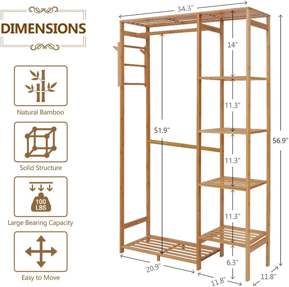 Ufine Bamboo Garment Rack with 6 Tier Storage Shelves & Hanging Rod