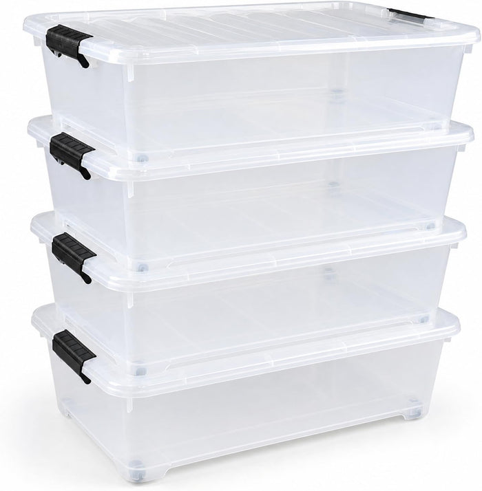 Saedy 25 L Plastic Under Bed Storage Container Box on Wheels, 4 Packs