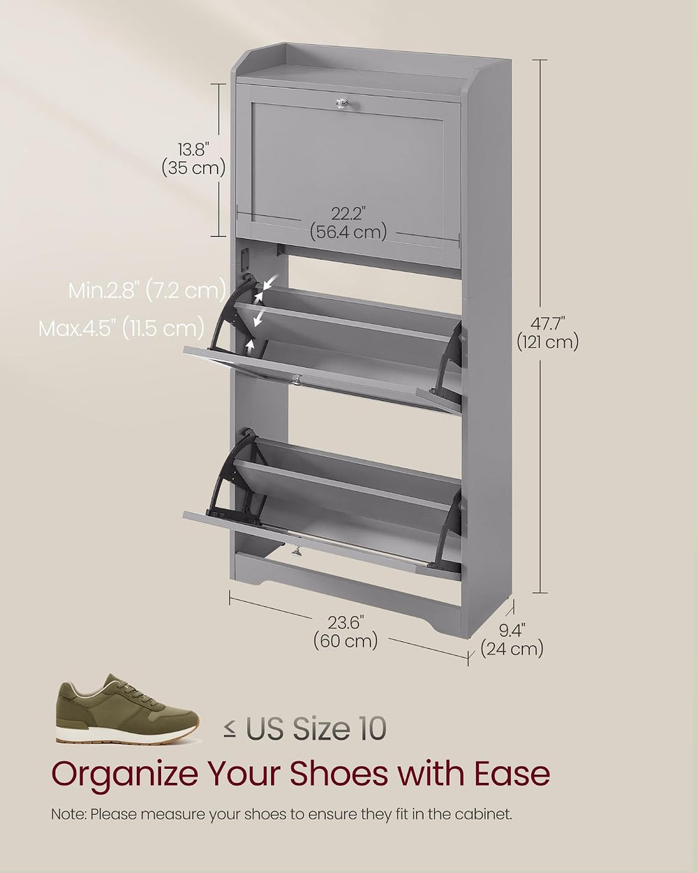 VASAGLE Shoe Storage Cabinet with 3 Flip Drawers, Slim, Holds 12‑20 Pairs