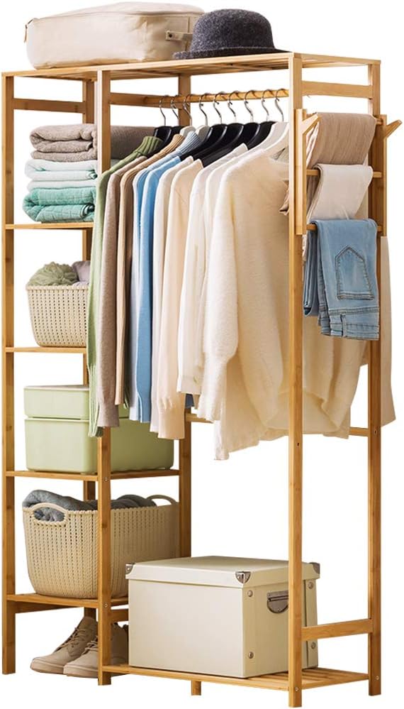 Ufine Bamboo Garment Rack with 6 Tier Storage Shelves & Hanging Rod