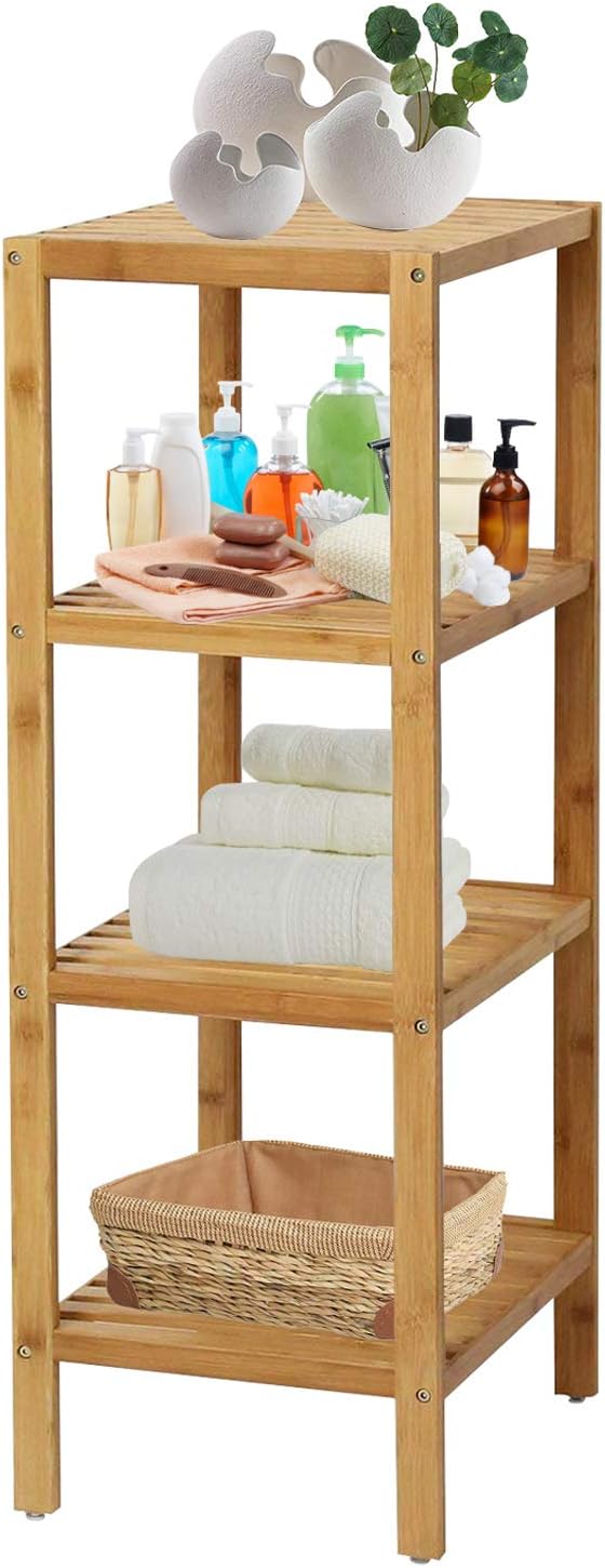 Bamboo Bathroom Shelf Square 4-Tier Storage Shelves Free Standing Rack Multifunctional Corner Shelving Unit for Bedroom Kitchen Living Room, Natural
