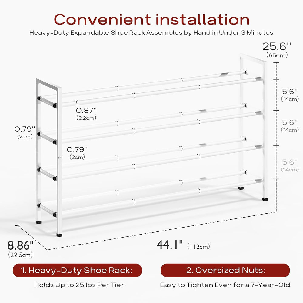 Bumusty 4 Tier Long Expandable Shoe Rack for Closet, White
