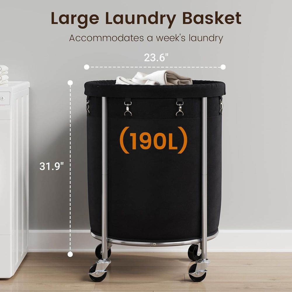 ELYKEN Laundry Basket with Wheels, Round Rolling Laundry Hamper, Black