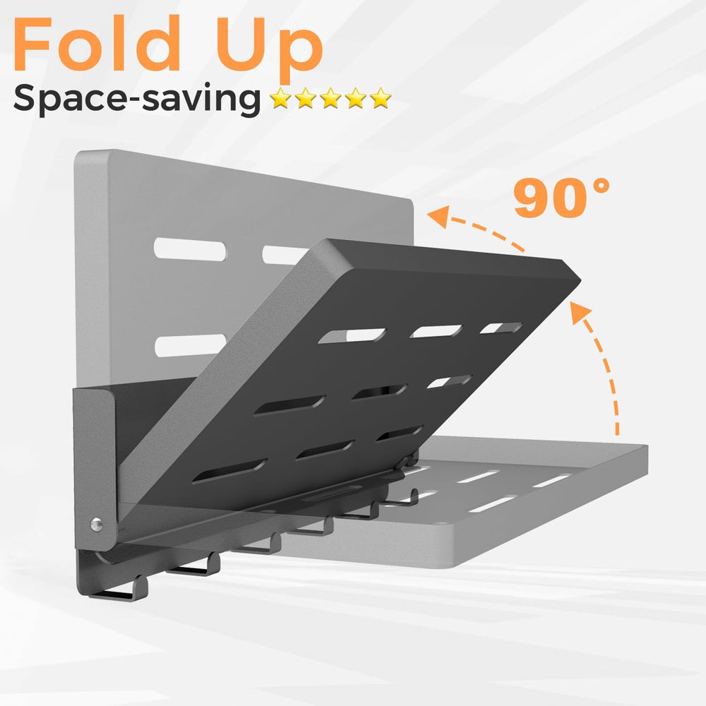 Folding Shelf with Hooks Wall Mount, Laundry Room Metal Shelves, Fold Up 90° ...