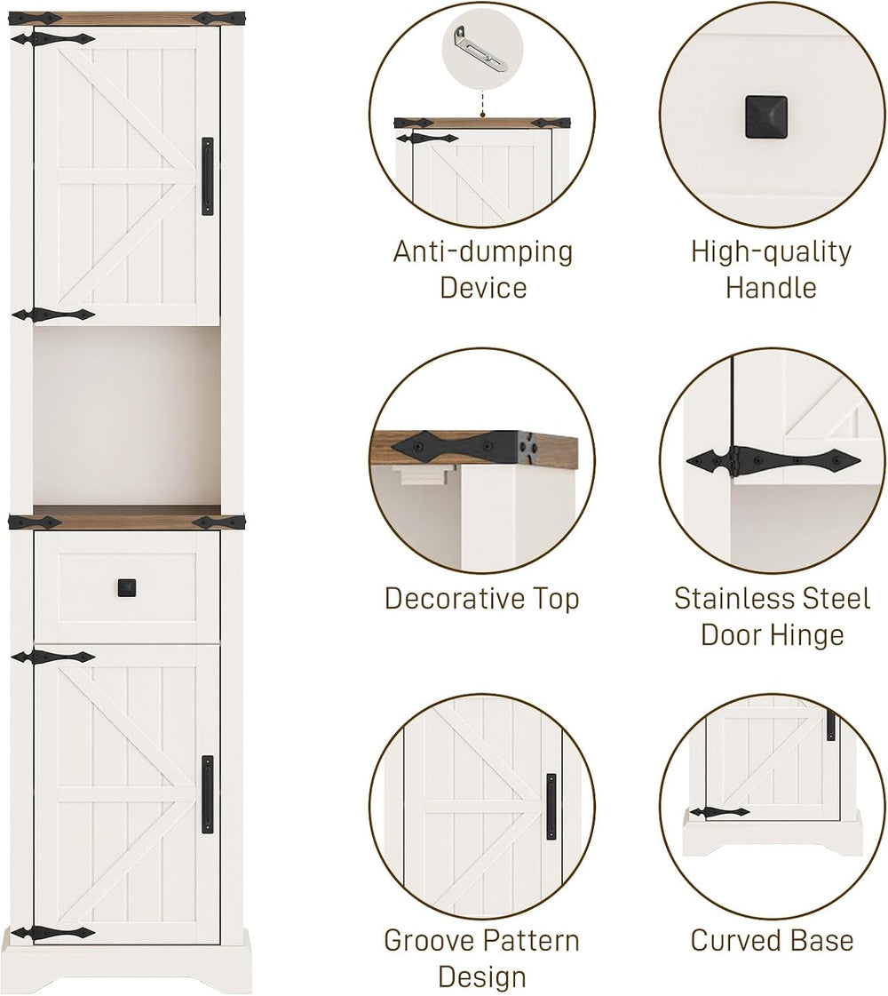 66" Tall Farmhouse Bathroom Storage Cabinet with Barn Doors,Unique White