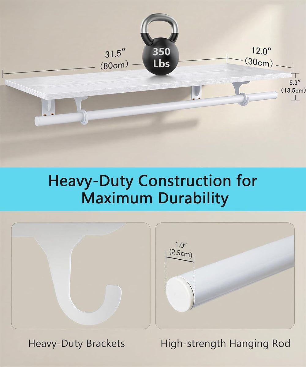 Wall Mounted Clothes Rack, with Top Shelf and Hanging Rod, Heavy Duty (White,...